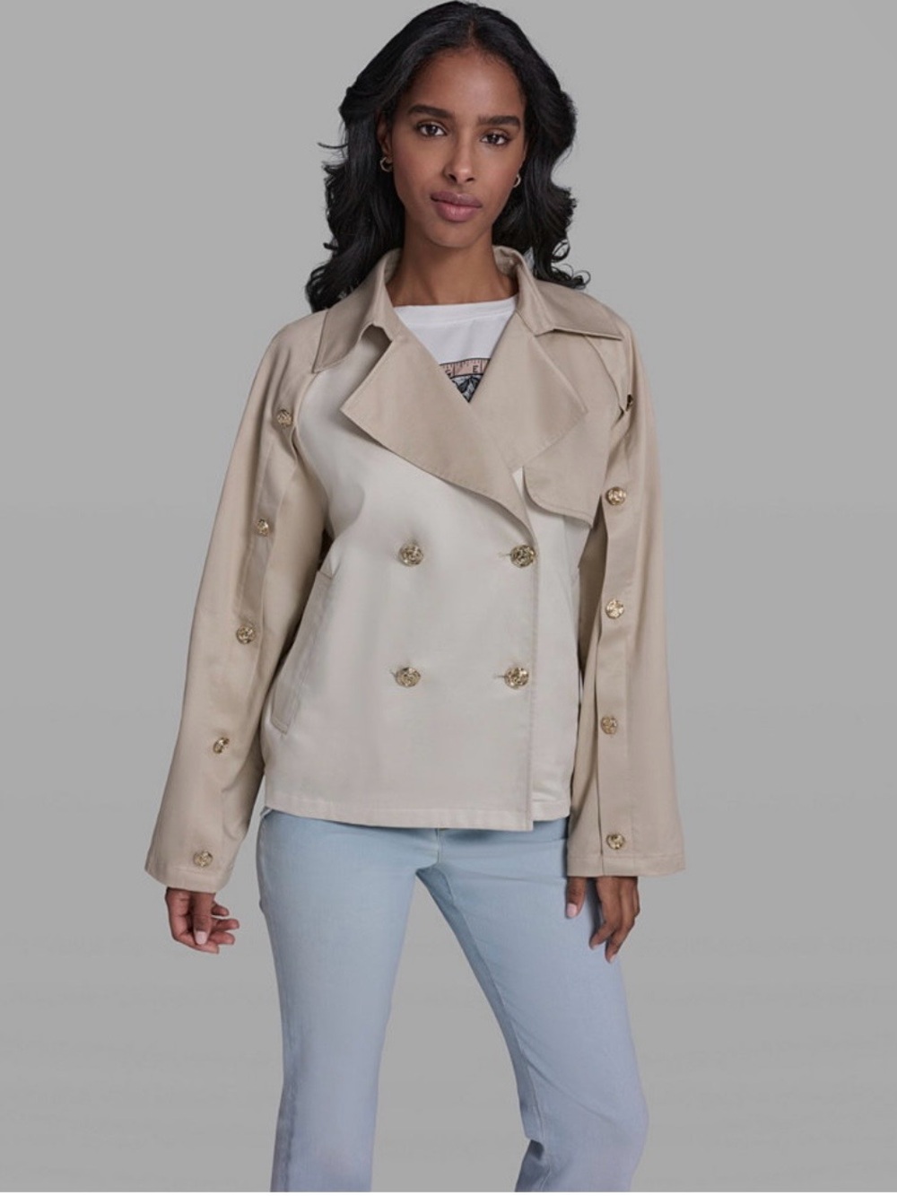 Karl Lagerfeld Beige Double-Breasted Trench Jacket with Gold Buttons